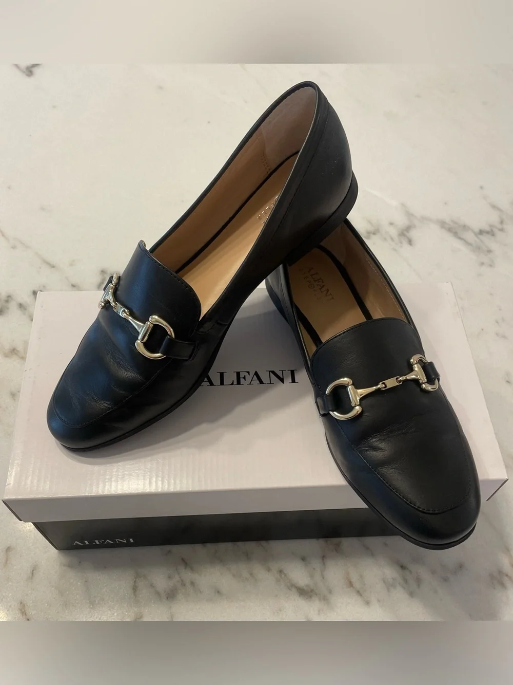 Alfani Black Leather Loafers with Gold-Tone Horsebit